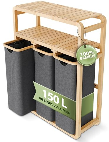 AMBIAVO Wäschekorb 3 Fächer grau · Wäschesammler Regal, doppelte Ablage | Warme Holz-Optik aus Bambus, schmal, riesiges Volumen, 50 L pro Fach, Wäschesortierer mit waschbaren Baumwollsäcken