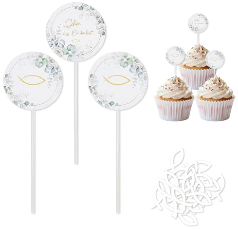 44 Teile Kommunion Deko Set, 24 Cake Topper Eukalyptus, Fisch + 20 Tischdeko Streuteile, Eukalyptus Tortendeko Kommunion, Tortendeko für Erstkommunion, Muffin Deko, Konfirmation & Taufe Junge Mädchen