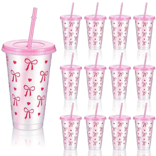 VorErgyllic Lot de 12 Gobelets en Plastique à Noeud Rose 700ml, avec Couvercle et Paille – Gobelets Réutilisables pour Fêtes, Mariages, Décoration