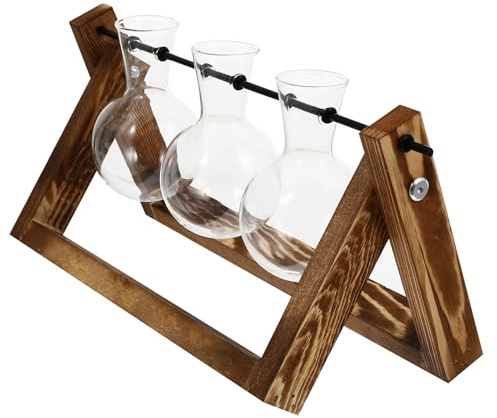 HOLIDYOYO Glass Planter Bulb Vase with Charcoal Wood Stand, 3-Ball Hydroponic Desktop Decor for Home and Office Tabletop Adornment