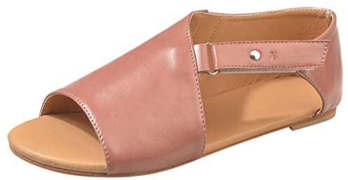 Sandalo Donna Estivo Elegante Sandali da Camminata Sandali Piatti Con Tacco da Donna Solido Rotondo Di Punta Hook Loop Colore Scarpe Comodi Scarpe Aperte (Pink 42)