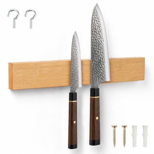 VINATO Porte Couteaux Aimanté en Bambou 40cm, Barre Aimanté Couteaux Mural avec 2 Crochets Cuisine, Sans Perçage, Support Magnétique pour Rangement Ustensiles et Outils de Cuisine