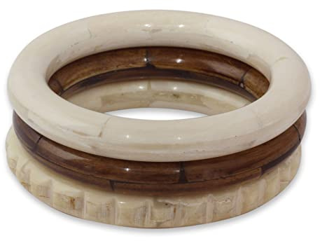 NOVICA Artisan Handmade Bone Bangle Bracelets Carved by from Set of 3 India [7.5 in Inner Circ. x 0.4 in W] ' Delhi Harmony' Set of 3
