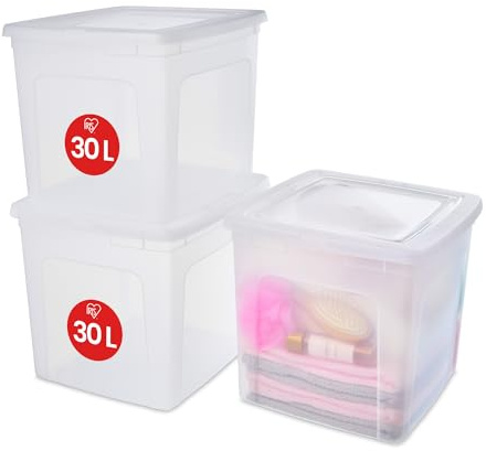 Iris Ohyama Scatole Portaoggetti, 30L, Set di 3, Trasparente, Chiusura facile, Impilabile, Plastica Trasparente, Per Armadio, Scaffali, Scuola, Organizzazione, Giocattoli, Cartoleria, Scarpe, MCB-30