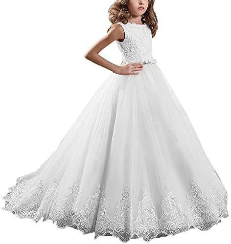 Abaowedding Girls White US 8 Lace Sequin First Communion Pageant Wedding Dress, Floor Length, Sleeveless, Zipper Back