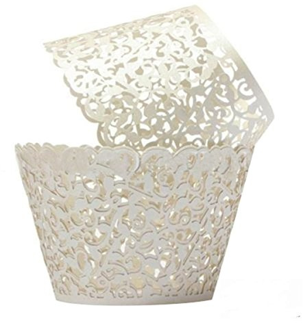 Wady 50 Stück Künstlerische Backformen aus Papp, kleine Ranken, Spitze, lasergeschnitten, Cupcake-Förmchen, Backförmchen, Muffin-Halter für Hochzeit, Geburtstag, Party, Dekoration (cremeweiß)