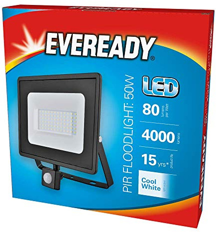 Eveready S13951-50w, Black Body, IP65, 4000k Cool White, 4000lm Lumens, PIR Motion Sensor, LED Floodlight