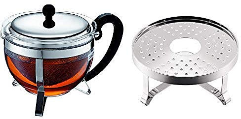 Bodum Chambord 1921-16-6 Teebereiter, Edelstahlfilter, Edelstahldeckel, 1,3 L, glänzend & 1902-16 Chambord Rechaud Glänzend