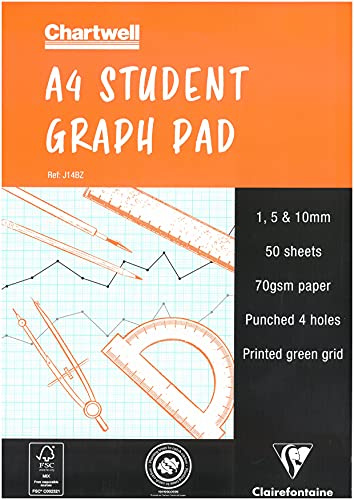 Lot de 10 Bloc de 50 feuilles de papier millimétré Chartwell A4 70 g/m², réglure 1, 5, 10 mm