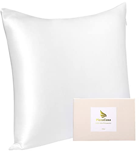 PiccoCasa Seide Kissenbezug 40x40 Seidenkissenbezug aus 100% Seide 22 Momme kopfkissenbezug Haare und Hautpflege mit Reißverschluss & Geschenkbox Weiß 40x40cm