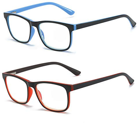 MMOWW Confezione da 2 Occhiali da Lettura Donna Uomo, Anti Luce Blu Rettangolari Occhiali con Cerniere a Molla (Rosso + Blu, +2.0)