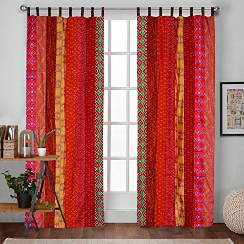 Sophia-Art 2 Pcs Set Indian Vintage Old Silk Sari Fabric Patchwork Handmade Door Window Rod Pocket Home Decor Panel Curtain Set (Red Strip Patch, 84x42 Each Panel)