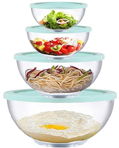 Homwin Insalatiera vetro, Ciotola di vetro con coperchio Set di 4(0,5 L, 1,0 L, 2,0 L, 3,5 L), Set Di Ciotole Impilabile, Ciotola per impastare, cucina, lievitazione, conservazione, fornitura