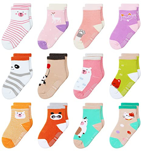 HYzgb Kids Girl Socks 5-6-7 Years with Grip 12 Pairs Non Slip Crew Socks