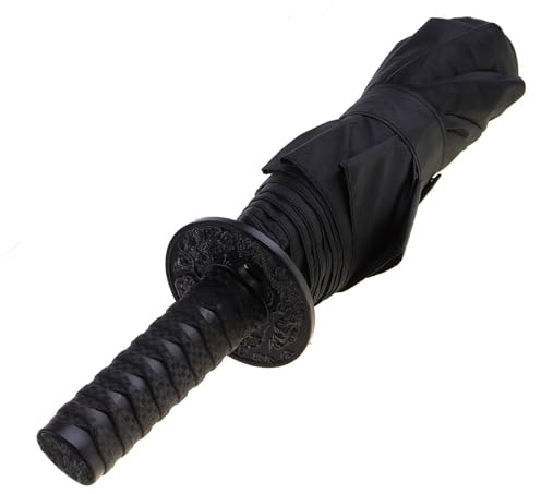 Japanwelt Samurai Regenschirm faltbar, Faltschirm groß schwarz, Katana japanischer-Regenschirm, Anime Japan Samurai-Schirm Schwertschirm, für Erwachsene & Kinder, 100 cm Durchmesser
