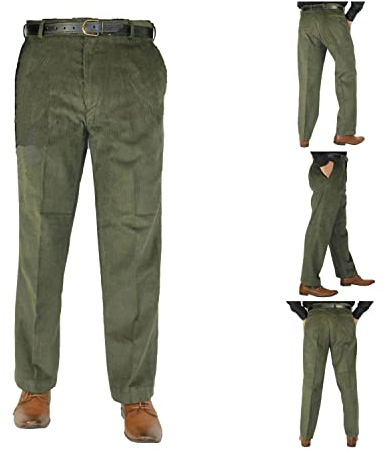 LE11 Mens Cord Trousers Formal Office Smart Cotton Corduroy Trouser Casual Classic Dress Pants with Pockets (36W/29L, Olive Green)