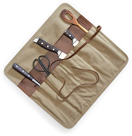 Angus Stoke Messertasche Kochmesser aus Canvas Tuch und Leder - Kochmesserrolle groß – Messer Tasche für Köche – Kochtasche Kochen, Camping & BBQ Neil (Beige)