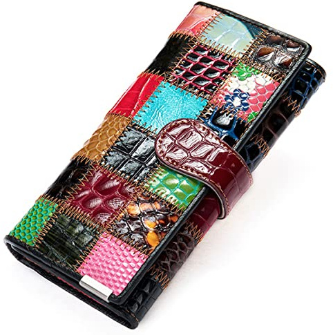Karoukee Handgefertigte Patchwork Große Trifold Geldbörse für Frauen, Bunt Damen Kreditkartenetui Brieftasche aus echtem Leder, Handy Clutch Geldbörse mit 3 Ausweisfenster & Reißverschlussfach