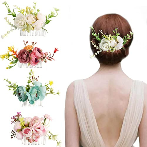 Yangshine 4 Stück künstliche Blumen Metall Haarkämme mit Zähnen Rose Blume Haarkämme Seitliche Slide Haarspangen Einsätze Kopfbedeckung für Frauen Floral Haarnadeln Braut Brautjungfer Haarspangen