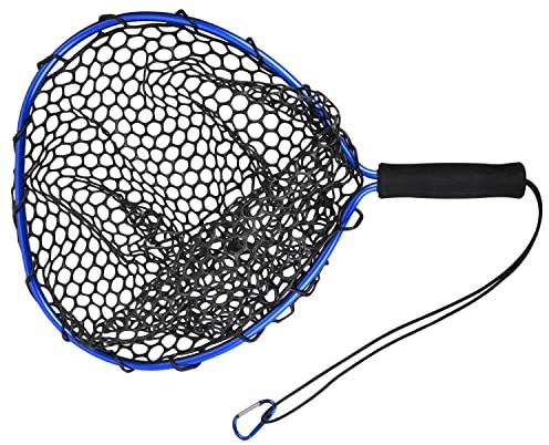 Fishing Landing Net, Rubber EVA Handle 12cm Aluminum Alloy Pole for Easy Fish Catch and Release Lightweight Portable Fishing Net with Elastic Strap and Carabiner