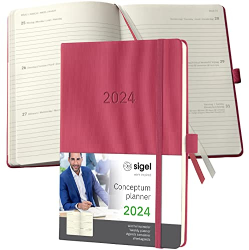 SIGEL C2470 Terminplaner Wochenkalender 2024, ca. A5, rot, Hardcover, 192 Seiten, Gummiband, Stiftschlaufe, Archivtasche, PEFC-zertifiziert, Conceptum