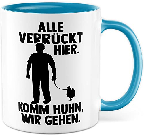 Huhn Tasse Hühner Geschenkidee Kaffeetasse Henne Geschenk für Hühner-Besitzer Kaffeebecher Hahn Becher (Weiß & Blau)