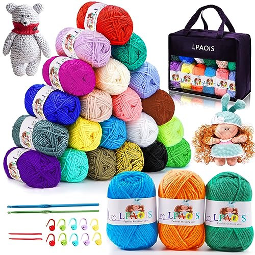 LPAOIS Häkelgarn 24 Farben Acrylwolle Set Baumwolle zum Häkeln, mit Häkelnadeln Knöpfen,40g Baumwollgarn,Wolle zum Stricken zur Herstellung von Hüten,Handschuhen