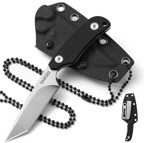 Omesio Tanto Neck Knife Messer mit Gürtelclip D2 Stahl, Fulltang Kleines feststehendes Messer G10 Griff Jagdmesser Gürtelmesser Full Tang mit einer Kydex-Scheide