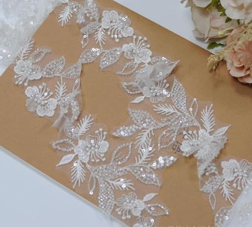 G-RUI 2 m Spitzenapplikationen mit floralen Pailletten für Brautkleider, Spitzenbesatz, bestickte Spitzenapplikationen, Parches ropa (weiß) (P3403A)