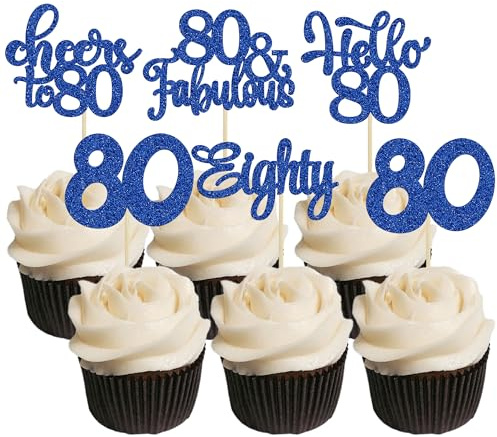 30Pcs Happy 80th Birthday Cupcake Toppers Eighty Cheers to 80 Years Old Birthday Cupcake Picks for Happy 80th Birthday Anniversary Party Cake Decorations Deep Blue Glitter