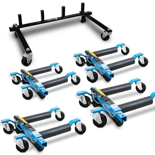BITUXX 4 Stück PKW Rangierhilfe Blau Rangierheber hydraulisch Wagenheber Auto Rangierroller Rangierheber belastbar bis 680 kg pro Rangierroller inklusive Transportständer