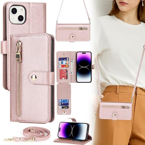 ELTEKER Handyhülle für iPhone 15 Hülle mit Band, Klapphülle mit dem Verstellbaren Umhängeband Kartenfach Reißverschlusstasche - roségold