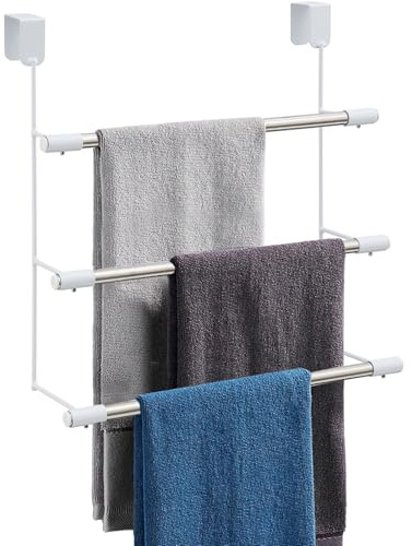 3-Tier Over The Door Towel Rack, Durable Stainless Steel 16 Inch Towel Hanger & Holder, No Drilling Tool-Free Install, Fits 1.5 Inch Standard Bathroom/Shower Door, Space Saving Hanging Storage