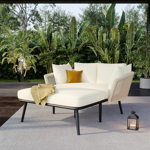 Merax Sonnenliege, Outdoor Gartenliege mit 2 Kissen und 2 Polster, Liegestuhl Garten mit abnehmbar und waschbar Kissen für Balkon Terrasse, Gartenlounge Set, Beige