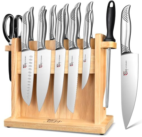 Kitchen Knife Set, Japanese Sharp Chef Knife Sets with Magnetic Holder, 14 Piece Professional High Carbon Stainless Steel Knives Block Sets with Sharpener, Ergonomic Handle, Shears, Black Dot