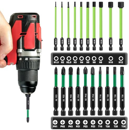 FANTICDE 20 Stück Langer Schraubendreher Bit Set, Bitsatz mit Magnetkopf, 1/4 S2 Sechskantschaft, Hex Sechskan Schlagschrauber Bits, Schrauber Bit für Akkuschrauber(PH, PZ, Torx, Hex）