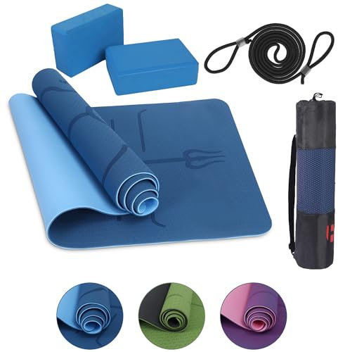 Habib Gruppe Yoga-Set mit 2 Blöcken – Gepolsterte rutschfeste Trainingsmatte für Fitness, Tragetasche mit Tragegurt – Ideal für Yoga, Pilates, Meditation und Entspannung - Blau