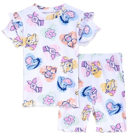 Disney Ensemble t-shirt péplum côtelé et short de vélo pour enfant, Winnie l'ourson, blanc, 6-9 Months