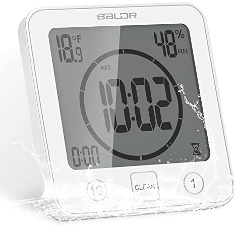 Shower Clock Waterproof Timer, Bathroom Digital Wall Clock with Countdown, Temperature, Humidity, Bathroom Clock with Suction Cup Hanging Hole Stand for Shower Spa Kitchen, Kids and Adults, White