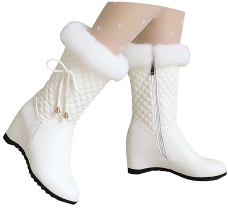 LDXEQIZ Winter Stiefeletten Damen Elegant Kurz Stiefel Mit Keilabsatz PU-Leder Ankle Boots Für Party Plüsch Gefüttert Schneestiefel Warm Baumwollschuhe Für Outdoor(White,36 EU)