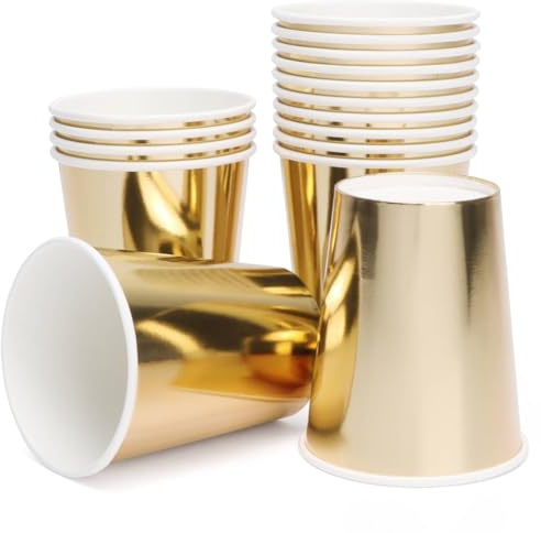 PARTY GO 16 Pcs Paper Cups for Dinner and Dessert, Disposable Cups Party Supplies Pack for Valentine Holiday Wedding Birthday Party Baby Shower Decorations Gold