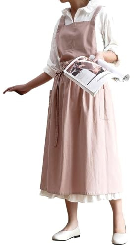 Delantales de algodón para cocinar, delantales de mujer con bolsillos, Smock de color sólido lavable con bolsillos para jardín de cocina, Ajustes, accesorios de desgaste de trabajo, delantales, rosa