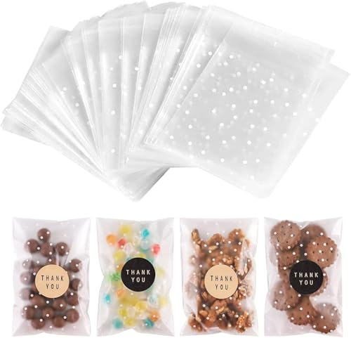 BTSD-home 200 Pack Self Seal Cellophane Bags with Stickers Clear Sweet Bags for Cookie Baking Small Gift Giving (White Polka Dot, 4x4 Inch)