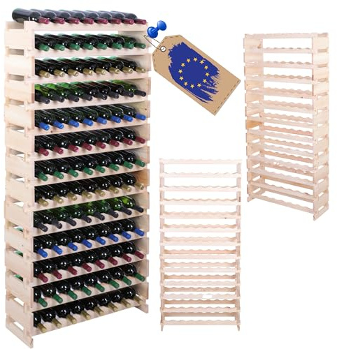 MODO24 Weinregal, Holzregal, Modulares Weinständer, Weinhalter, Flaschenständer, Flaschenregal, Modernes Getränkeregal, Weinschrank, Weinregal für 104 Flaschen, Abmessungen 177x84x28 cm, Farbe: Natur