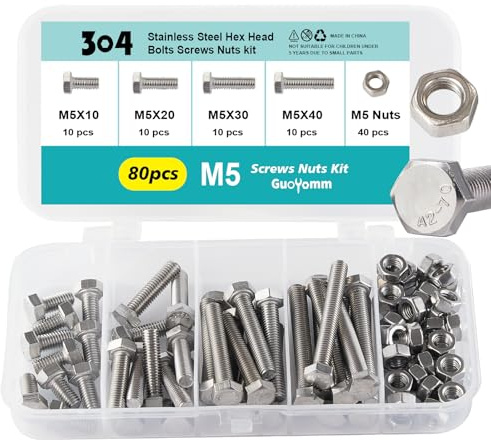 GuoYomm Set di 80 viti M5, viti esagonali in acciaio inox 304, set di bulloni e dadi, viti per macchina, lunghezze: 10mm, 20mm, 30mm, 40mm