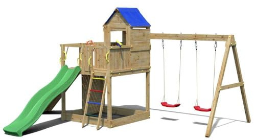 Casetta da Giardino per Bambini Fungoo Treehouse 3 – Parco Giochi in Legno con Altalene, Scivolo 2,2 m, Arrampicata e Accessori – Uso Privato – Disponibile da Agosto 2025