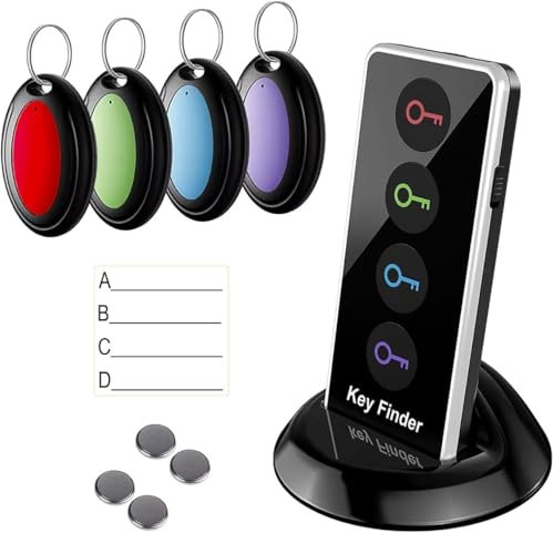 Wireless Key Finder with Remote, RF Item Locator with 100ft Range & 80dB Sound,1 Transmitter + 4 Receivers for Finding Keys, Wallets, Pets, Luggage, Glasses, Phones, Easy One-Button Tracking