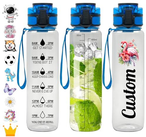 Gourde Sport 1L Personnalisée Bouteille d'eau avec Marqueur de Temps avec Nom Water Bottle Personnalisable avec Bouchon Anti-Fuite pour Enfant Adulte Fitness Yoga Gym Étanche Réutilisable sans BPA