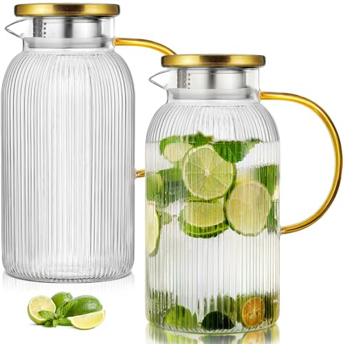2 PACK Glass Pitcher with Lid 64 oz, Classic Vertical Stripes Pitcher with Lid and Handle, Water Jug for Hot/Cold Drinks, Borosilicate Glass Carafe for Coffee, Iced Sun Tea, Juice, Sangria