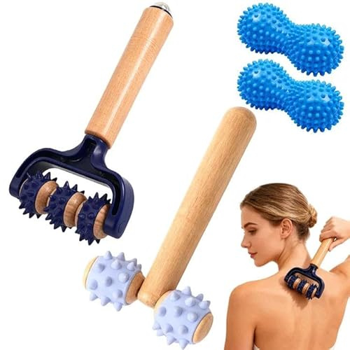 Massageroller mit Griff, 4 Stück Massage Roller mit Igelball Massageball Set - Auswechselbare Selbstmassagerolle für Beine, Füße, Rücken, Arme, Schultern gegen Muskelschmerzen